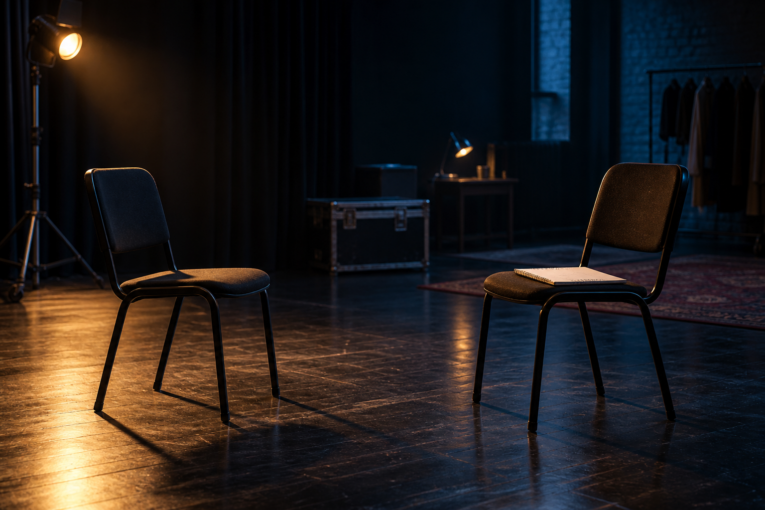 Two empty chairs and a notebook in a softly lit rehearsal room